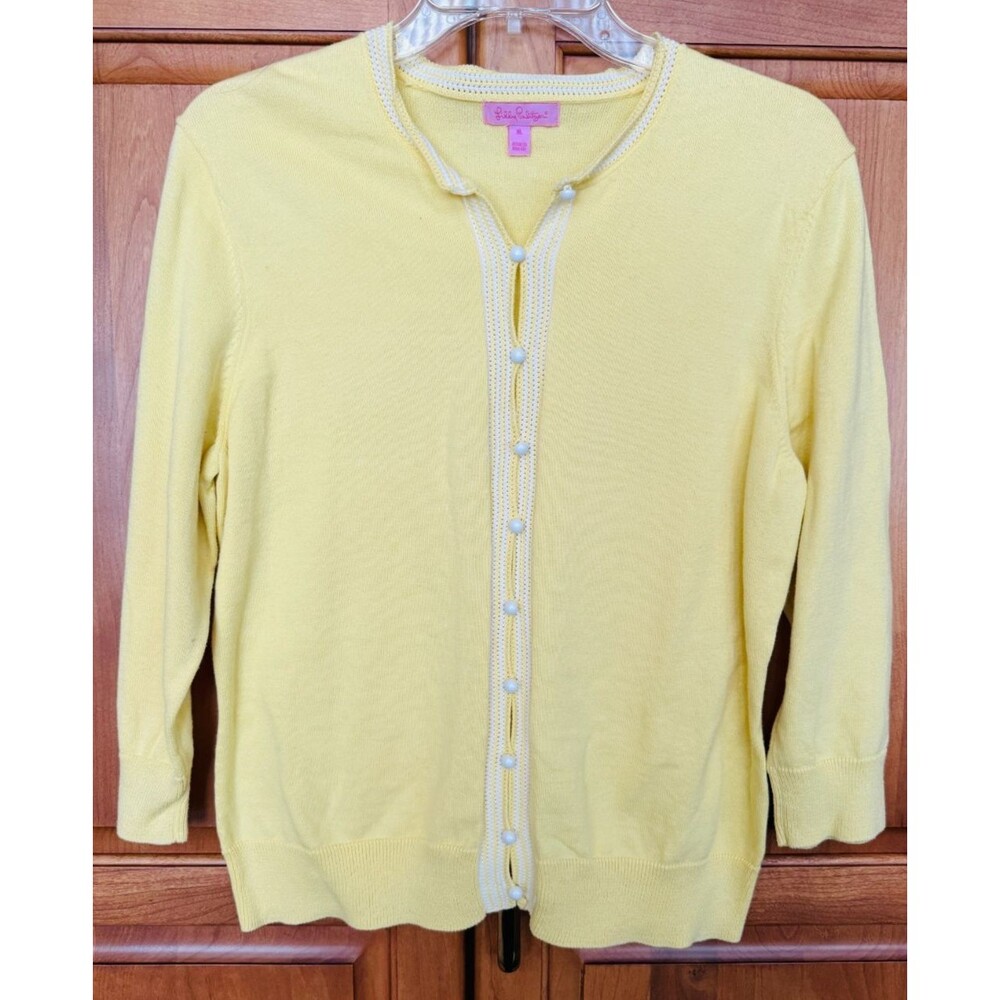 LILLY Pulitzer Cardigan Sweater 100% Cotton Crew Crochet Lemon Sorbet XL 1990s